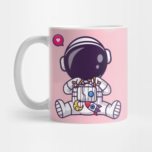 Cute Astronaut Playing With Moon And Rocket Puppet Cartoon Mug